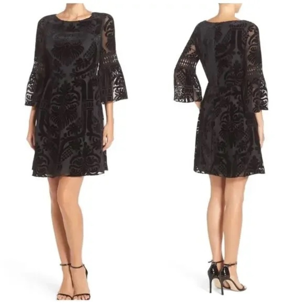 Eliza J black burnout velvet bell-sleeve fit flare cocktail dress Mini Formal - Picture 3 of 12